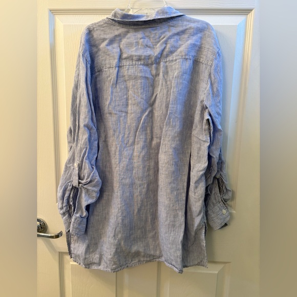 Chicos 100% Linen Long Sleeve Button Down Pin Strip Women’s Blouse Size 2 Large - Picture 2 of 8